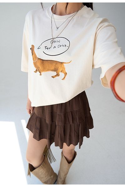 FEMMESTUDIO Women's Ecru Crew Neck Animal Figured T-Shirt