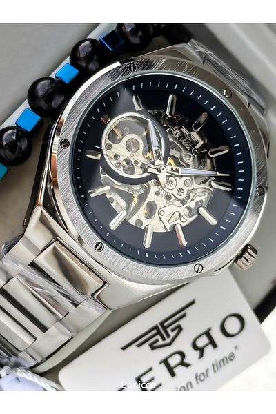 FERRO Men's Wrist Watch, Automatic (Without Battery), Silver Navy Blue Color, Steel Band, Stylish Bracelet in Box Gift
