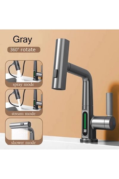 Blackswan Design Bathroom sink faucet, Blackswan, Type M327, smart gray, LCD display, 3 modes and waterfall shower, 23 cm
