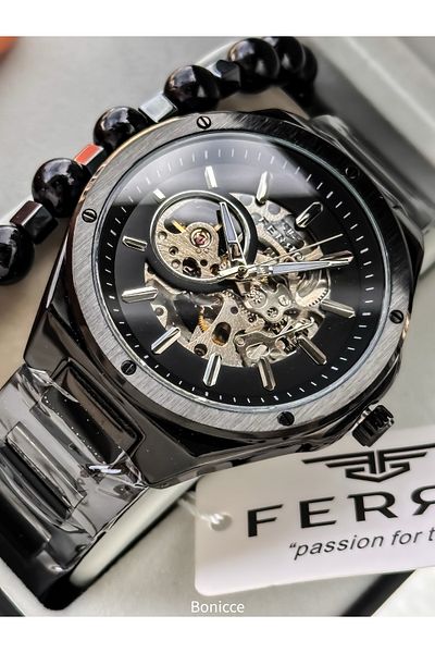 FERRO Men's Wristwatch, Automatic (Without Battery), Black Color, Steel Band, Bracelet in Stylish Box Gift