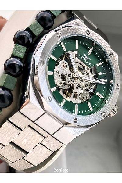 FERRO Men's Wrist Watch, Automatic (Without Battery), Silver Green Color, Steel Band, Stylish Bracelet in Box Gift