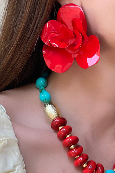 fk studio design Büyük Kırmızı Çiçek Küpe