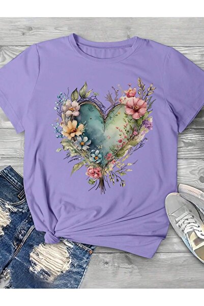 PALPİTO Γυναικείο μπλουζάκι με λιλά φλοράλ καρδιά με στάμπα oversize