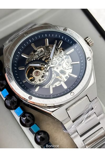 FERRO Men's Wrist Watch, Automatic (Without Battery), Silver Navy Blue Color, Steel Band, Stylish Bracelet in Box Gift