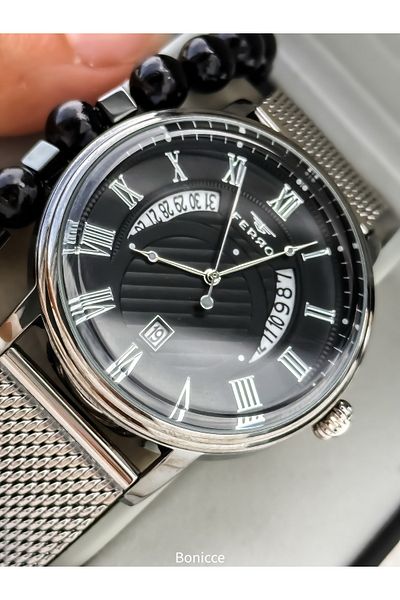 FERRO Men's Wristwatch, Silver Mesh Steel Band, with Calendar, Bracelet Gift