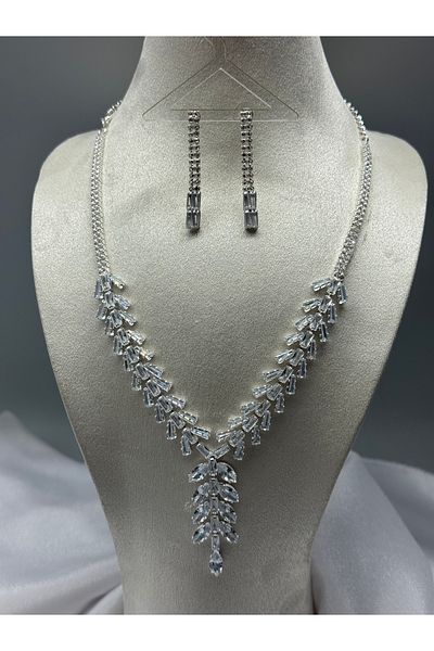 HADRA ACCESSORİES Leaf Model Zircon Waterway Evening Dress Necklace Earrings Bracelet Set Bridal Jewelry Set Engagement Set Wedding Set