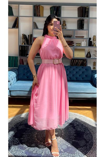 NIDAFASHION Halter Neck Belt Lined Chiffon Dress