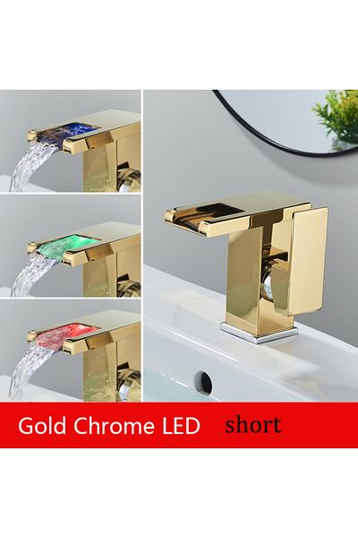 Blackswan Design Baterie chiuveta baie, Blackswan, Tip M191, auriu/ crom scurt cu pipa cascada si LED, 12.5 cm