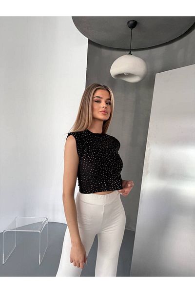 Caddebostan Moda Ottoman Fabric Crew Neck Spreader Stone Women's Crop Blouse