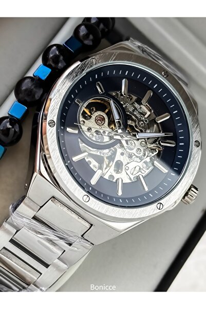 FERRO Men's Wrist Watch, Automatic (Without Battery), Silver Navy Blue Color, Steel Band, Stylish Bracelet in Box Gift