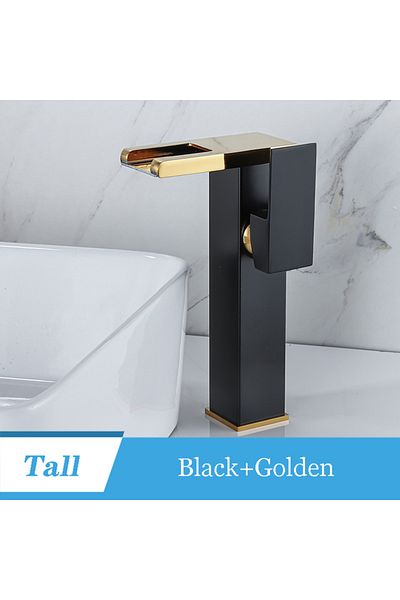 Blackswan Design Baterie chiuveta baie, Blackswan, Tip M242, negru/ auriu inalt cu pipa tip cascada si LED, 24 cm