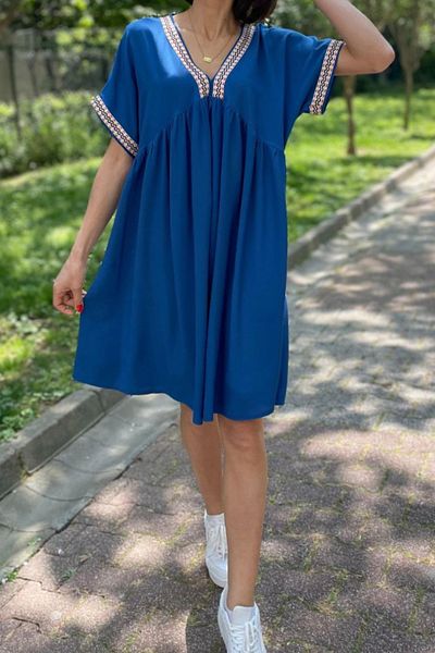 AYASOFYA OTANTIK Rochie midi cu mânecă scurtă, albastră, cu decolteu în V