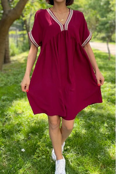 AYASOFYA OTANTIK Rochie midi cu mânecă scurtă, burgundă, cu decolteu în V