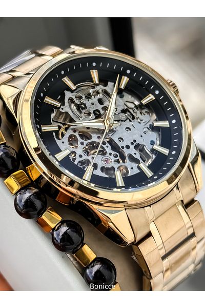 FERRO Men's Wristwatch, Automatic (Without Battery), Yellow Color, Steel Band, Stylish Bracelet in Box Gift