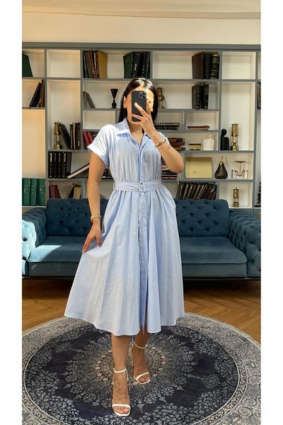 NIDAFASHION Short Sleeve Half Lined Belt Shirt Collar Full Button Slim Linen Dress