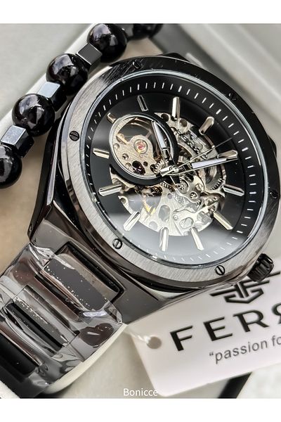 FERRO Men's Wristwatch, Automatic (Without Battery), Black Color, Steel Band, Bracelet in Stylish Box Gift