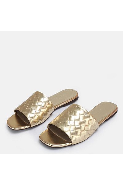 37Numara Large Size Women's Slippers Genuine Leather 41-42-43-44-Gold Leather