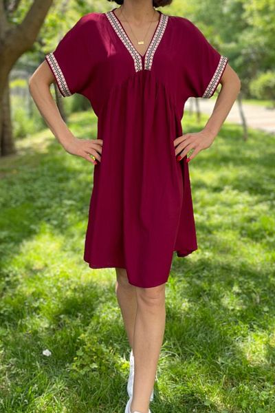 AYASOFYA OTANTIK Rochie midi cu mânecă scurtă, burgundă, cu decolteu în V