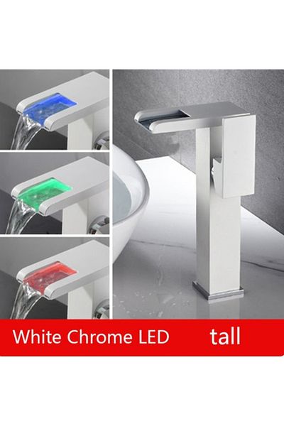 Blackswan Design Bathroom sink faucet, Blackswan, Type M299, tall white model with waterfall spout and LED, 24 cm