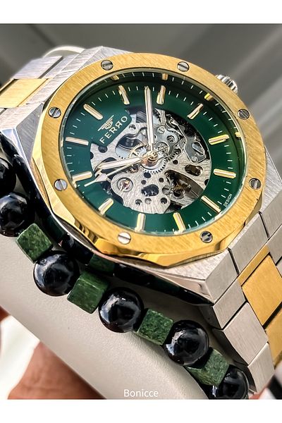 FERRO Men's Wrist Watch, Automatic (Without Battery), Yellow Green Color, Steel Band, Stylish in Box Bracelet Gift