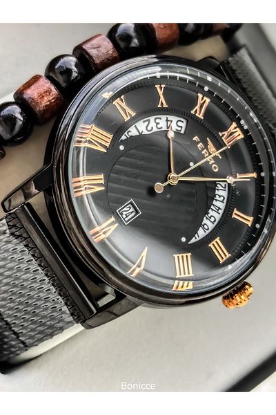 FERRO Men's Wristwatch, Black Mesh Steel Band, with Calendar, Bracelet Gift
