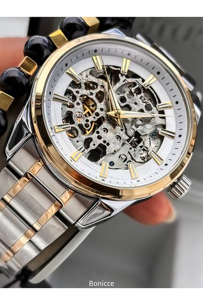 FERRO Men's Wristwatch, Automatic (Without Battery), Yellow Color, Steel Band, Stylish Bracelet in Box Gift