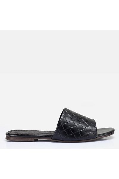 37Numara Large Size Women's Slippers Genuine Leather 41-42-43-44-Black Leather