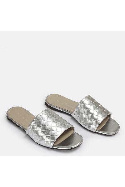 37Numara Large Size Women's Slippers Genuine Leather 41-42-43-44-Silver Leather