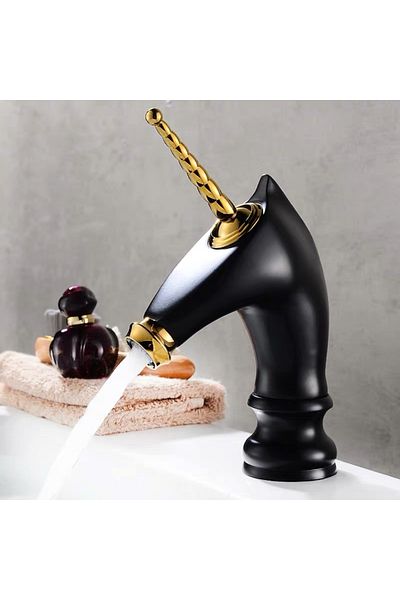 Blackswan Design Baterie chiuveta baie, Blackswan, Tip M280 Unicorn, model negru/ auriu lucios scurt, 20 cm