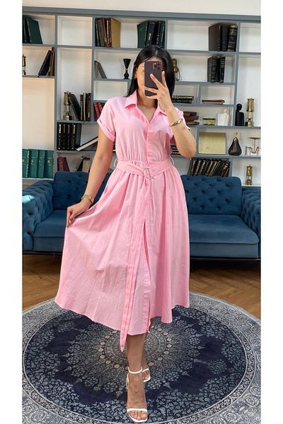 NIDAFASHION Short Sleeve Half Lined Belt Shirt Collar Full Button Slim Linen Dress