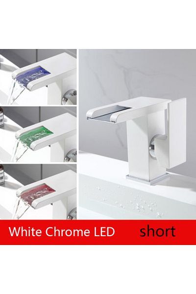 Blackswan Design Bathroom sink faucet, Blackswan, Type M190, short white model with waterfall spout and LED, 12.5 cm