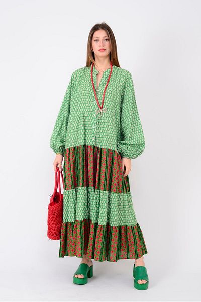 ZTO Women's Ethnic Pattern Casual Cut Elastic Sleeve Dress