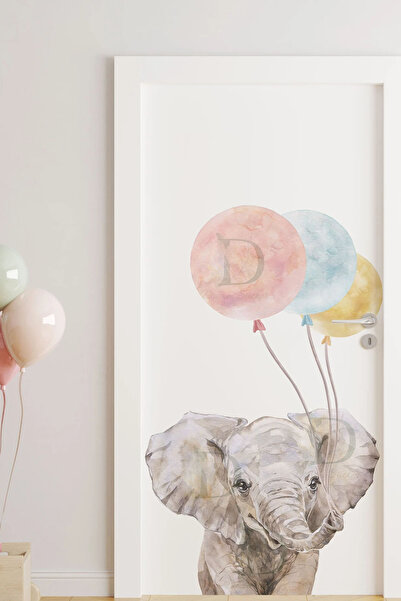 KT Decor Autocolant de perete cu ușă din sticlă cu balon drăguț cu elefant în...