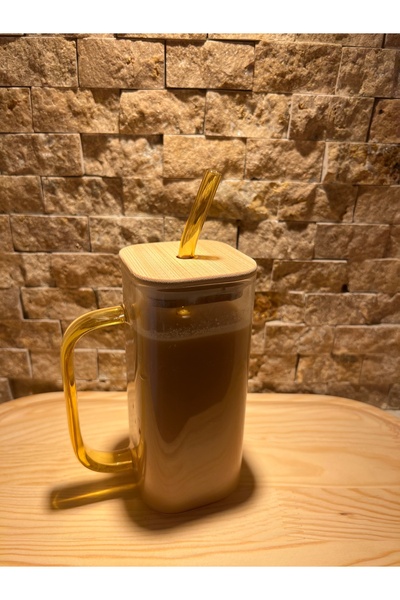 daısydecoratıon Renkli Kahve Bardağı Cam Pipetli Hediyeli Tahta Kare Kapaklı Kahve Bardağı