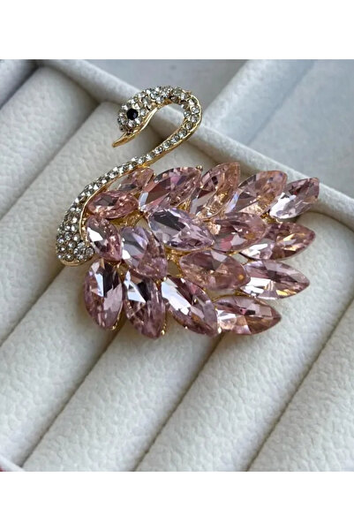 EŞİYOK Zirkon Taşlı Pembe Kuğu Gold Detaylı Broş