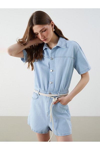 LC Waikiki Shirt Collar Women's Jean Jumpsuit