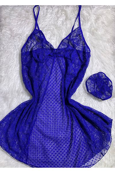 Le Tonnerre Women's Plus Size Saks Blue Thong Tulle Nightgown Suit