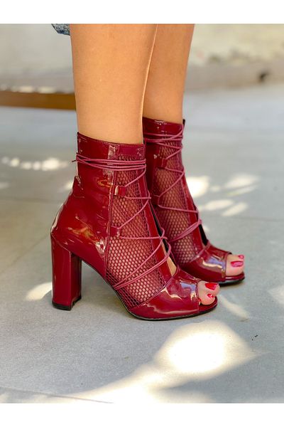 irmona Happy Burgundy Patent Leather Mesh Detailed Drawstring Summer Heeled Boots Bottie