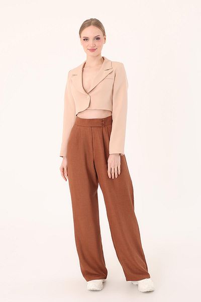 polle Women's Brown Double Button Linen Palazzo Trousers