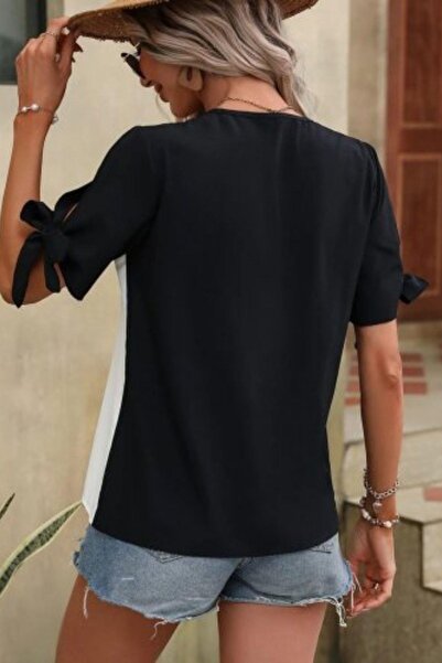 Mossta Asymmetric Cut Color Blocked V-Neck Blouse - Black
