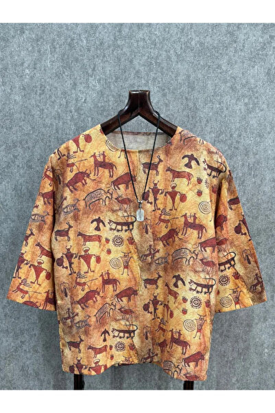 FıttingRoom Oversize Desenli Pamuk Keten Bohem Tshirt