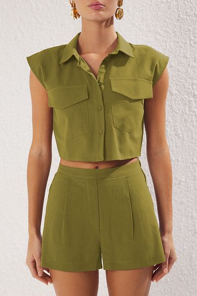 Trendyol Collection Oil Green Flared Cotton Shirt Shorts Beach Suit Tbess25Au00055
