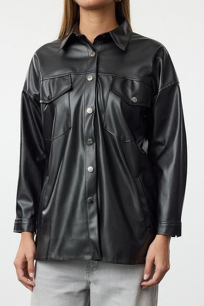 Edit by Trendyol Faux Leather Black Oversize Shirt - Regular Fit TEDAW25GO00018