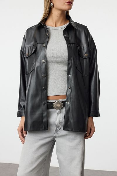 Edit by Trendyol Faux Leather Black Oversize Shirt - Regular Fit TEDAW25GO00018