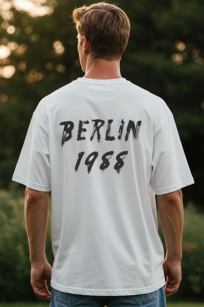 Trendyol Collection Ecrufarbenes, übergroßes Baumwoll-T-Shirt mit Berliner Rückendruck – TMNSS25TS00157