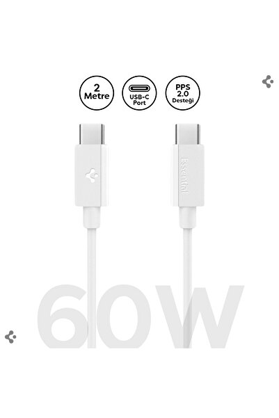 Spigen USB-C to USB-C 2 Metre Kablo 60W Güç/PPS 2.0 Super Hızlı Şarj/480 Mbps Type-C White - ACA08719