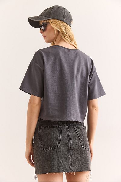 Olalook Γυναικείο Γκρι Αρκουδάκι Απλικέ Crop T-shirt με 2 κλωστές TSH-19000902