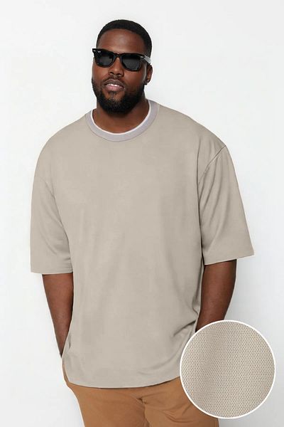 Trendyol Collection Plus Size Textured Knitwear Pique T-Shirt - Oversize, Stone Color, Band Tmnss25Bf00021