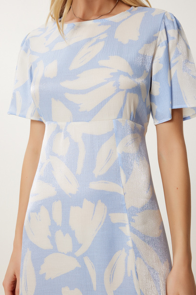 Happiness İstanbul Kadın Gök Mavi Saten Yüzeyli Işıltılı Desenli Viskon Elbise CR00497