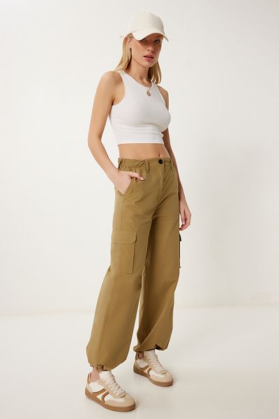 Happiness İstanbul Damen-Cargohose aus gewebtem, ölgrünem Stoff mit Taschen MX00188